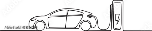 Electric car charging at station in continuous one line drawing, minimalist eco transport vector illustration


