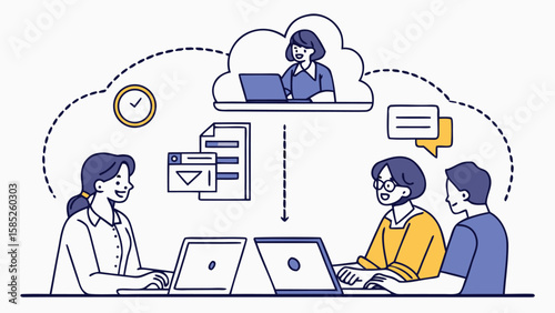 Illustration of a team working together with cloud computing and document sharing online platform