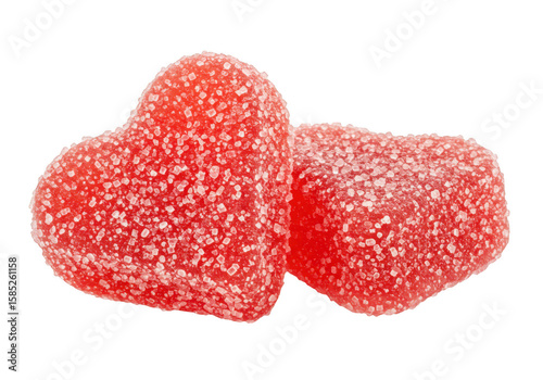 Two red heartshaped gummy candies covered in sugar crystals isolated on white isolated on transparent background