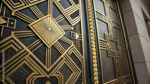 Close up of an ornate vintage art deco building entrance with geometric gold metal detailing on a dark textured background
