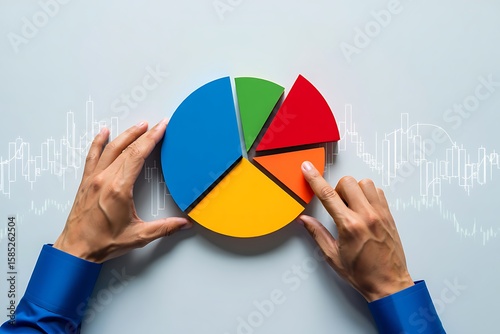 Hands arranging a colorful pie chart with a financial stock market graph overlay symbolizing data analysis and investment strategy