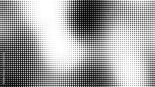 Halftone dot motion pattern seamless looped background. Animated grid of white dots texture against black backdrop, gradient effect overlay