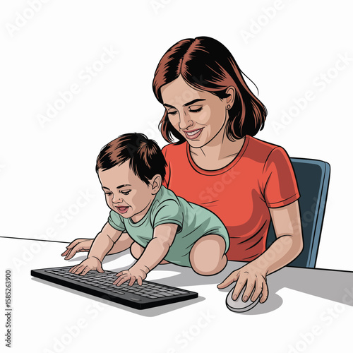A Smiling Mother with Brown Hair Wearing a Red Shirt Sits at a Desk with Her Baby Son Who is Wearing a Mint Green Onesie and is Touching a Black Computer Keyboard While She