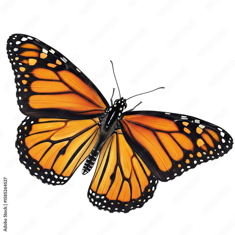 Fototapeta premium A monarch butterfly with orange and black wings isolated on white isolated on transparent background