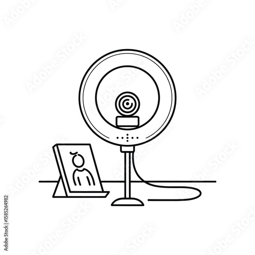 Black and white line art illustration of a ring light with a webcam mounted on a stand next to a digital tablet displaying a simple profile picture of a person suggesting a