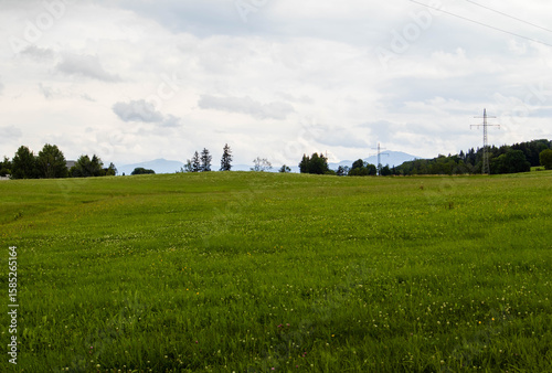 Gray summer day with green meadow, high voltage electricity poles and mountain range in the distance