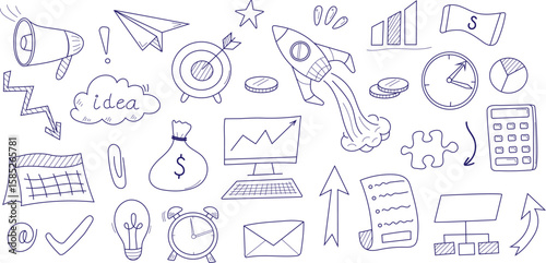 Vector set of hand-drawn business icons including charts, money, briefcases, laptops, light bulbs, and communication symbols. Perfect for presentations, infographics, and startup branding.