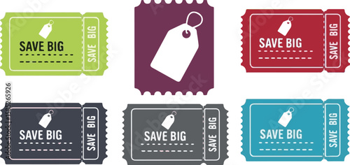 Colorful tickets with Save Big message on white background