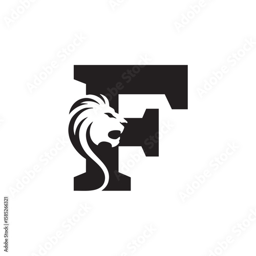 Fierce lion head integrated with letter F black and white