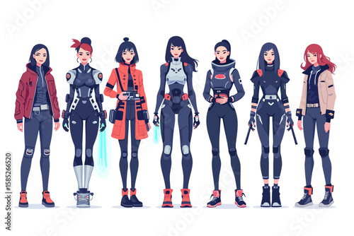 Standing women wearing futuristic clothing for cosplay