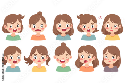 Cartoon Girl Showing Various Facial Expressions and Emotions
