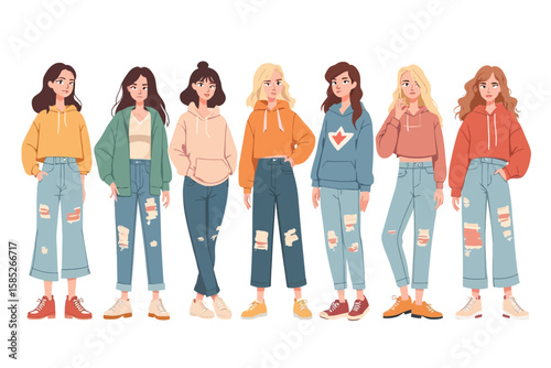 Group of Women Standing Wearing Ripped Jeans and Hoodies