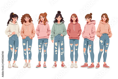 Group of Women Wearing Hoodies and Ripped Jeans Fashion