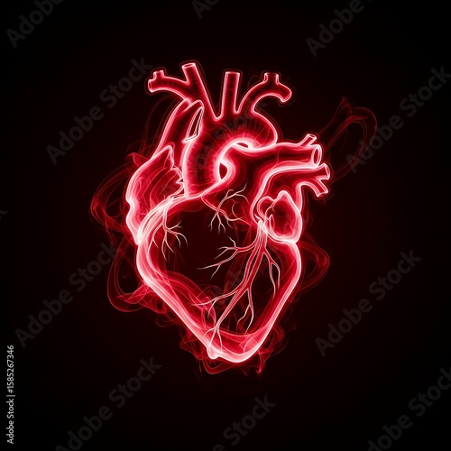 A glowing red anatomical heart floats against a dark, smoky background.