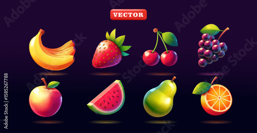 Fruit slot machine featuring bananas, strawberries, cherries, grapes, peaches, watermelons, pears, and oranges. 3D vector. Suitable for business, gaming, and design elements
