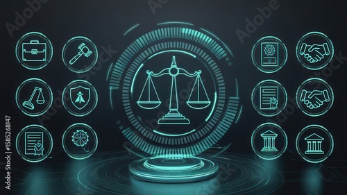 Abstract legal technology concept featuring scales and legal symbols