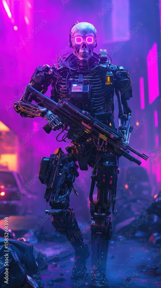 Fototapeta premium Cyberpunk skeleton robot with rifle in a neon lit city