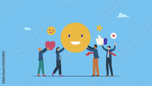 Business people with satisfaction and joy emojis in their hands. Symbolizes workplace happiness or success team motivation, employee engagement or participation, feedback or company survey.