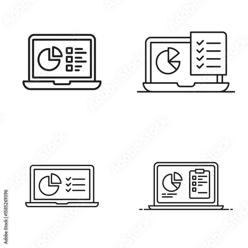 Four Black Line Art Laptop Screen Icons Displaying Pie Charts Checklists and Data Lists Simple Vector Illustrations Pack 11