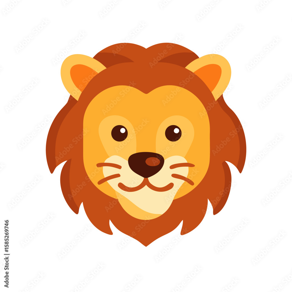 Fototapeta premium Colored vector icon of a cartoon lion's head with a fluffy mane and friendly expression, symbolizing courage, strength, and character. Isolated on a transparent background