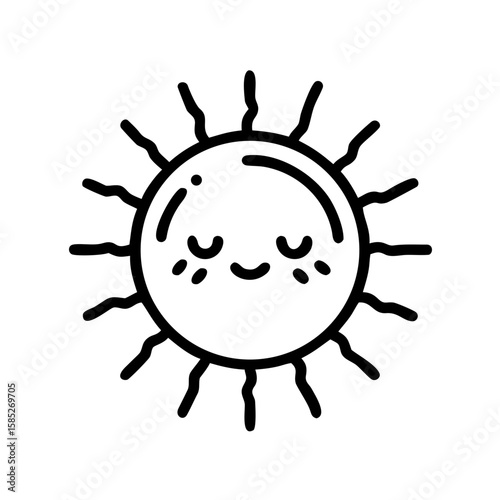 Minimalist black outline vector icon of a smiling cartoon sun with rays, symbolizing happiness, warmth, and summer weather. Isolated on a transparent background