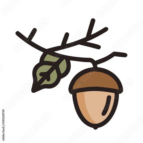 Colored vector icon of an acorn hanging on a branch, symbolizing autumn, and nature. Isolated on a transparent background.