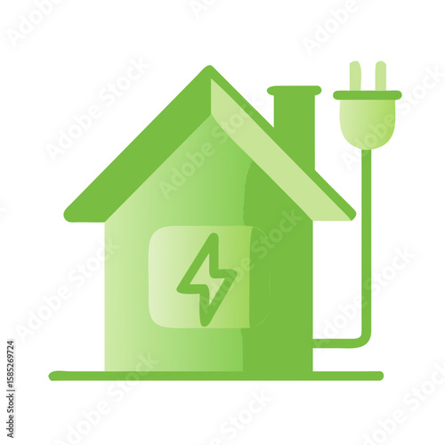 Colored vector icon of a house with a lightning bolt inside and an electric plug with cord outside, symbolizing green energy, eco power, and sustainable home solutions