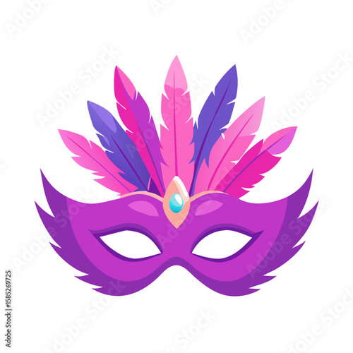 Colored vector icon of a purple Venetian carnival mask with feathers, symbolizing Mardi Gras, masquerade balls, and Venetian festivals. Isolated on a transparent background