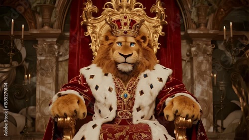 Regal Lion King: Animated Character on Throne in Opulent Palace