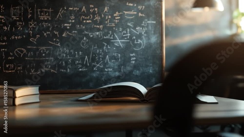 A classroom scene featuring a chalkboard filled with mathematical equations and symbols, with books on a wooden table in front of it