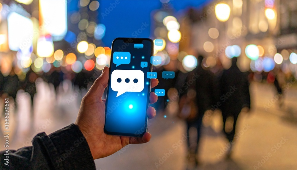 Mobile Communication Smartphone display screen with speech bubbles for messaging services in an urban setting at night. Mobile Communication Smartphone display screen with speech bubbles for messaging services in an urban setting at night.
