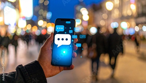 Mobile Communication Smartphone display screen with speech bubbles for messaging services in an urban setting at night.