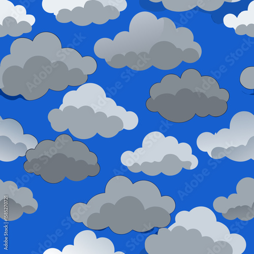 a seamless pattern featuring various shades of gray storm clouds scattered across a bright blue sky background. 