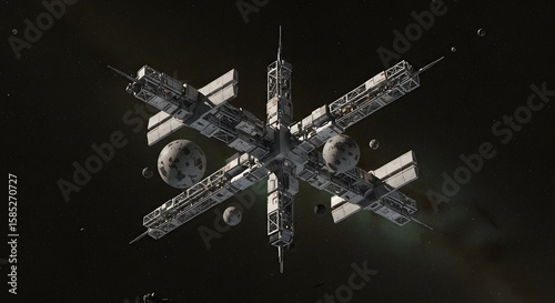 Fototapeta Naklejka Na Ścianę i Meble -  Futuristic Orbital Space Station Surrounded by Planets and Stars in Deep Galactic Atmosphere