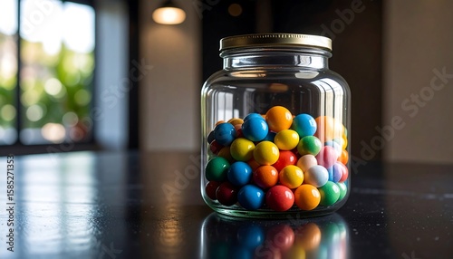 Colorful gumballs in a clear glass jar on a dark table