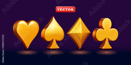 Ace of spades playing card symbols are clubs, diamonds, spades, and hearts in shiny gold. 3d vector, Suitable for business, gaming, and design elements