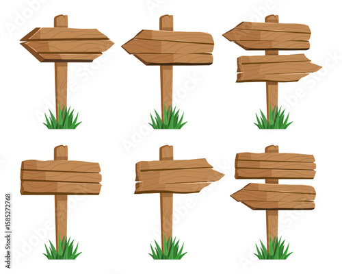 Set of six rustic wooden signposts with grass, perfect for outdoor, nature, and adventure-themed projects.