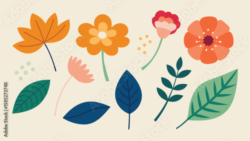 Collection of colorful abstract flowers and leaves