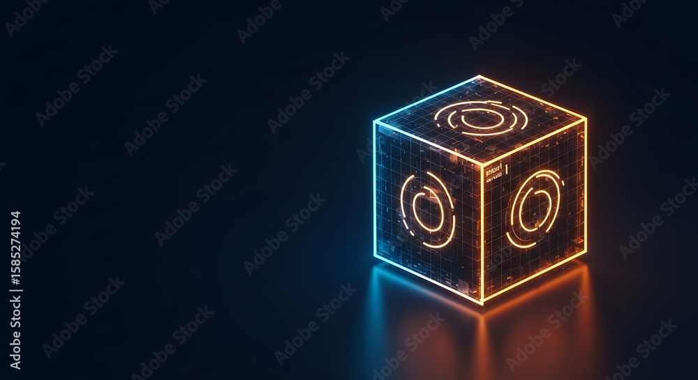 Obraz premium Futuristic 3D Geometric Cube with Neon Blue and Orange Glow on a Dark Reflective Surface