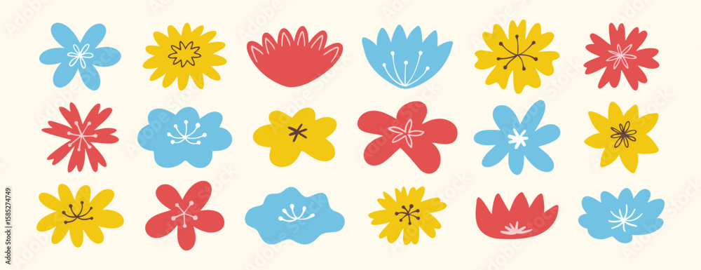 Obraz premium Naive hand drawn colorful flower elements in flat whimsical style for decoration and design