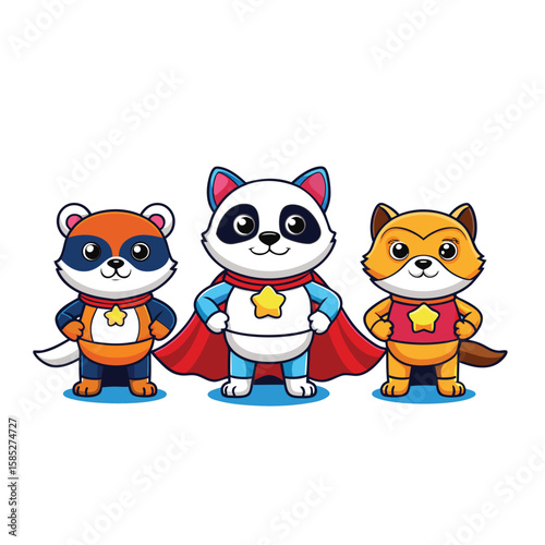 "Cute animal superhero mascot set – cat, dog, panda, and fox in colorful capes, standing in heroic poses"