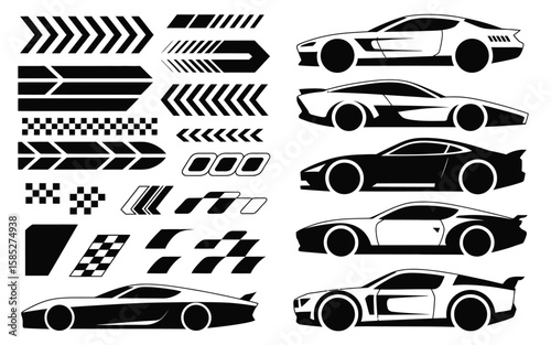 Tape Auto Stickers Ink Sketch Vector Set Featuring Lightning Lines, Checkered Patterns, Racing Stripes, Sport Vehicle Tuning Markings, and Identification Badges Isolated on White Background

