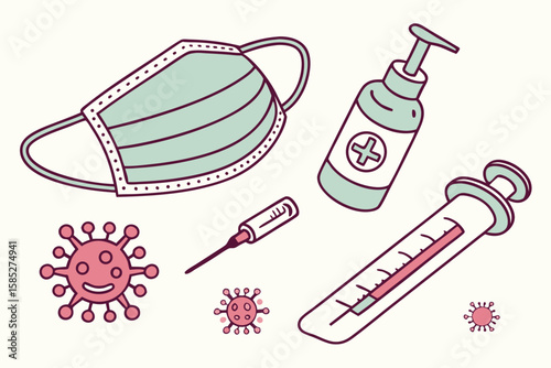 Illustration depicting medical mask, sanitizer, syringe, thermometer and virus particles scattered around