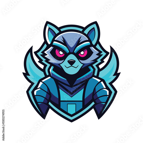 Cyberpunk raccoon mascot logo with blue and cyan color scheme and pink eyes on white background