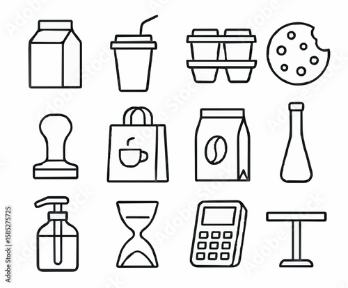 Vector illustration of 12 unique minimalist coffee shop items line art icons in a 3×4 grid for cafe branding, barista training materials, menu design, coffee product packaging, and lifestyle blogs