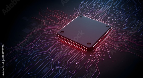 Abstract Digital Circuitry With Microchip Centered Against Colorful Neon Background