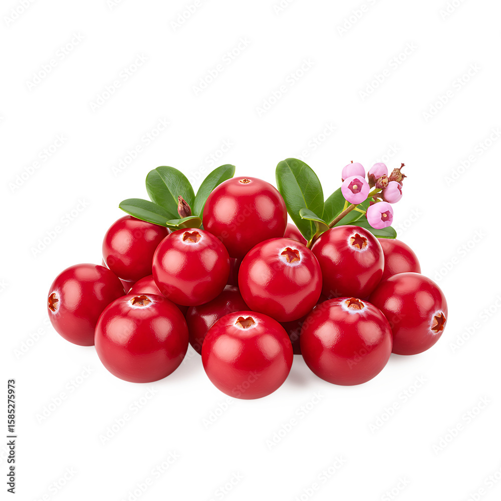 Fresh red cranberries with green leaves and pink flowers Fresh red cranberries with green leaves and pink flowers