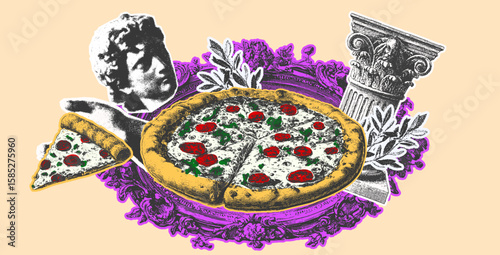 Set featuring pizza, slice, classical column, bust, and laurel in a decorative vintage style. Italian heritage symbol vector illustration.