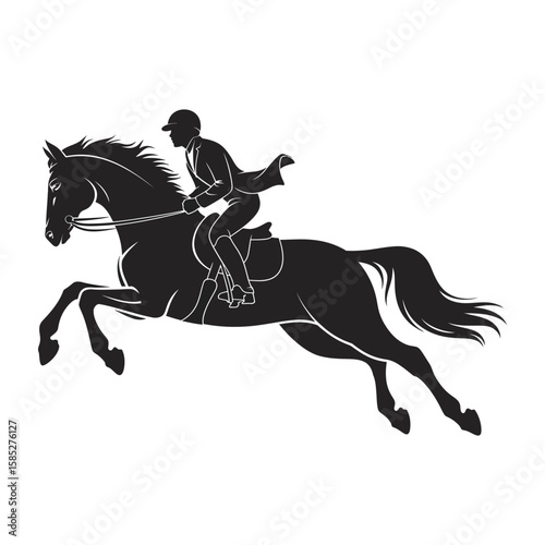 Silhouette of a show jumper on a galloping horse equestrian sport monochrome vector art