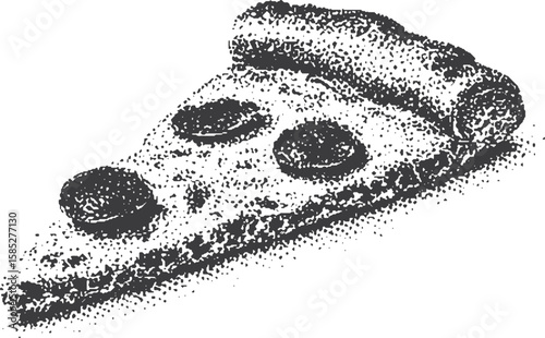 Pizza slice with pepperoni, cheese, and crust in a monochrome dotwork style. Simple vintage illustration, isolated vector graphic.